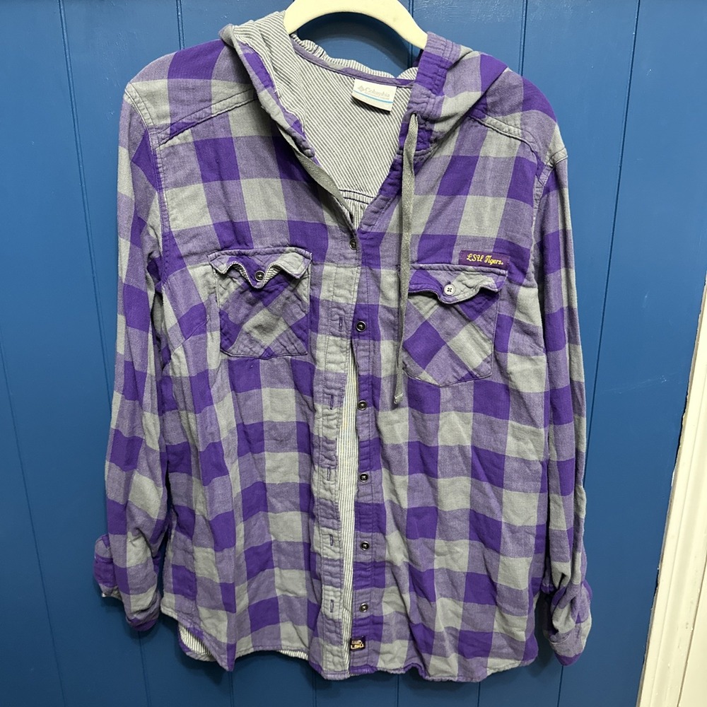 LSU Tigers Columbia Hoodie Lumberjack Purple/Grey Button Down Shirt Womens‎ 1X
